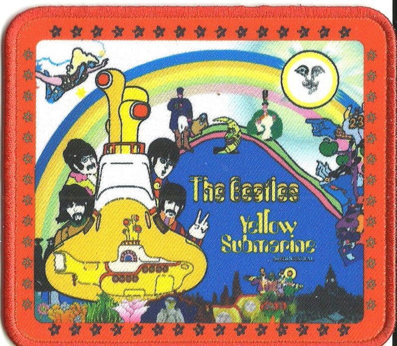 BEATLES yellow submarine band in stripes embroidered printed ironsew on patch 9 x 8 centimetres 3.5 x 3.25 inches brand NEW