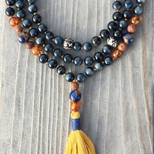 Blue Tigers Eye & Amber Mala 108 Prayer Beads, Meditation is your Protection Mala!