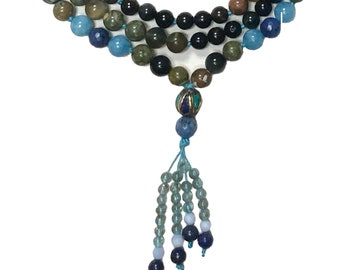 Compassion & Balance 108 Prayer Bead Mala featuring Blue Tigers Eye, Lapis, Green Jasper, Blue Quartz