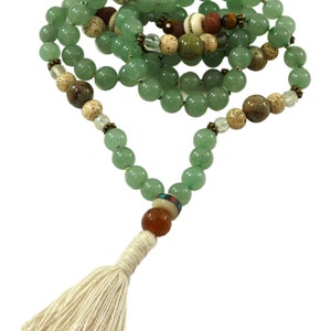 White Tara Mala 108 Prayer Beads Aventurine, Lotus Seed, Clear Faceted Quartz, Bodhi Seed, Tigers Eye & Yak Bone
