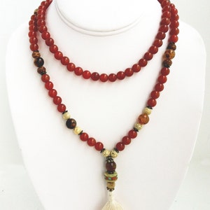 Ganesh Mala 108 Beads Carnelian, Spider Agate, Bodhi Seeds, Lotus Seeds & Faceted Agate