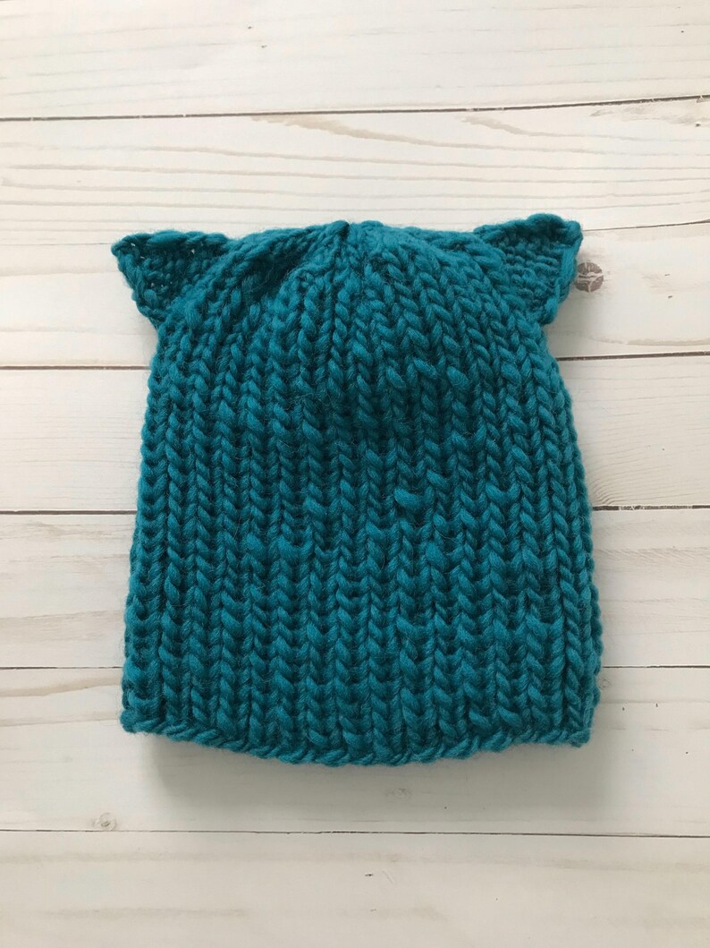 Hand Knit chunky wool petrol blue CAT ears beanie wirh tiny ears scull cap winter accessory gift