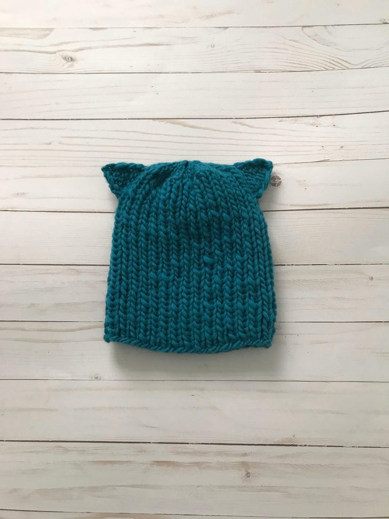 Hand Knit chunky wool petrol blue CAT ears beanie wirh tiny ears scull cap winter accessory gift