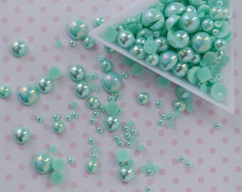 Mint Green Buttons 5 Green Pearls Surrounded wsparkling Rhinestones DIY CRAFT SHOPPE Green Pearl Cabochons 21mm Pearl Buttons -