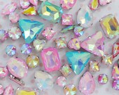 Mix Shape and Color Opalescent Emerald Heart Teardrop Diamond Sew On Flatback Glass Rhinestone Cabochons Ab Jelly Iridescent Gem - set of 25