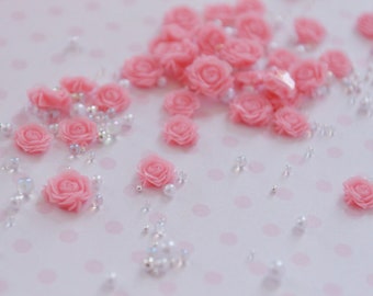 6mm-9mm Tiny Mix Deep Pink Rose Flower Pearl and Iridescent Resin Nail Charm Hime Kawaii Decoden Cabochon - 1 set