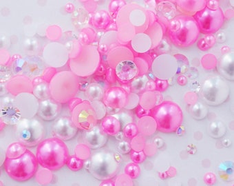 2mm-10mm Mixed Pack Bright Hot Pink and White Pearl AB Rhinestone Flatback Resin Decoden Cabochon - 10 grams