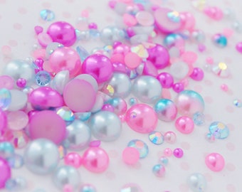 2mm-10mm Mixed Pack Bright Blue Purple Hot Pink Pearl AB Rhinestone Flatback Resin Decoden Cabochon - 10 grams