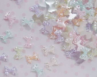 10mm Tiny Bow Pearlescent Pastel Rainbow Pink Purple Blue Kawaii Ribbon Flatback Resin Decoden Cabochon- 20 piece set