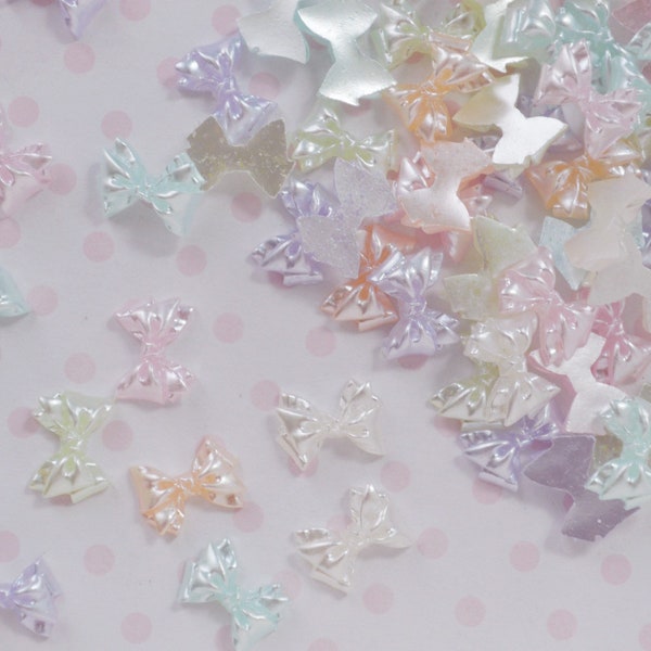 10mm Tiny Bow Pearlescent Pastel Rainbow Pink Purple Blue Kawaii Ribbon Flatback Resin Decoden Cabochon- 20 piece set