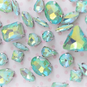 Mix Shape Pastel Mint Blue Opalescent AB Emerald Heart Teardrop Diamond Sew On Glass Rhinestone Cabochons Jelly Iridescent Gem set of 25 image 2