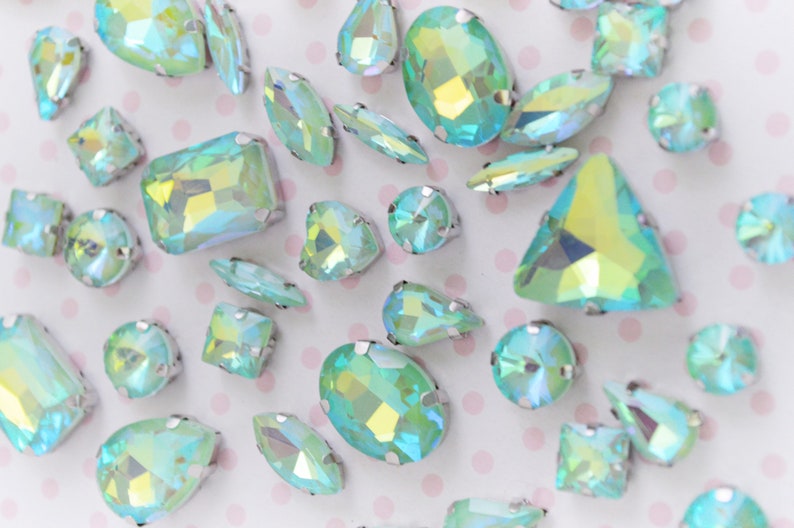 Mix Shape Pastel Mint Blue Opalescent AB Emerald Heart Teardrop Diamond Sew On Glass Rhinestone Cabochons Jelly Iridescent Gem set of 25 image 2