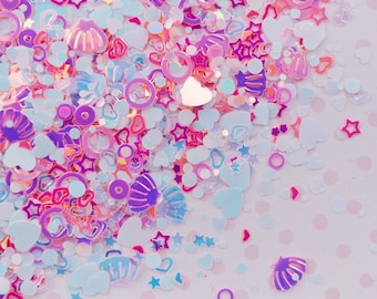 Kawaii Pink Blue White Iridescent Mix Shape Seashell Hollow Star Heart Dot Confetti Glitter Resin Supplies Nail Art Decoden Slime - 10 grams