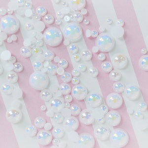 10mm-2mm Mixed Sizes AB Iridescent White Hemisphere Pearl Half Pearl Flatback Resin Decoden Cabochon - 200 piece set