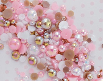 2mm-10mm Mixed Pack Ab Iridescent Pastel Pink Brown White Pearl Rhinestone Flatback Resin Decoden Cabochon - 10 grams