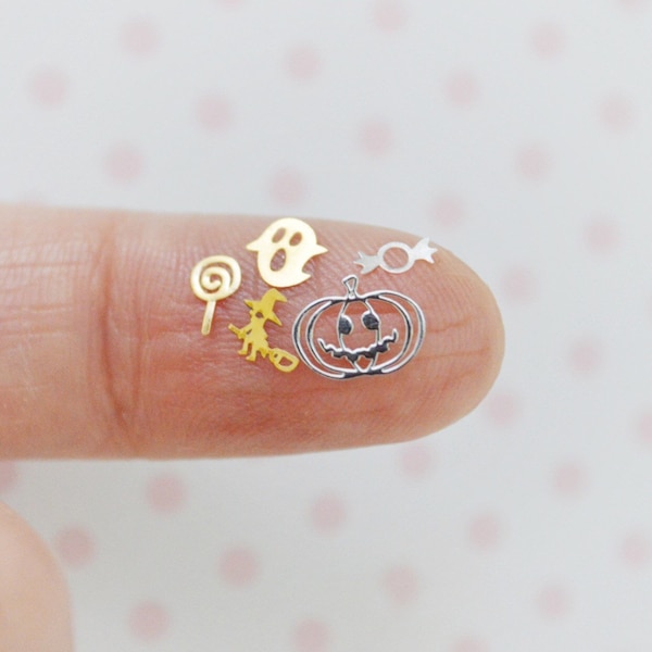 4mm - 10mm Tiny Kawaii Gold or Silver Halloween Mix Pumpkin Witch Cat Metallic Glitter Resin Supplies Nail Art Decoden Slime - set of 50