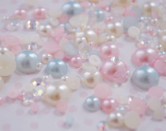 2mm-10mm Mixed Pack Pastel Pink Blue White Pearl AB Rhinestone Flatback Resin Decoden Cabochon - 10 grams