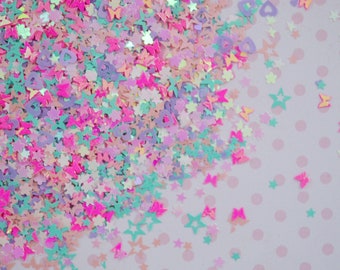 Kawaii Pink Purple Green Iridescent Mix Shape Hollow Star Butterfly Flower Diamond Glitter Resin Supplies Nail Art Decoden Slime - 5 grams