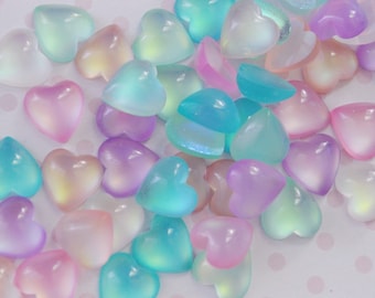 11mm Iridescent Pastel Rainbow Heart Yume Kawaii Bright Charms Flatback Resin Decoden Cabochons - set of 10