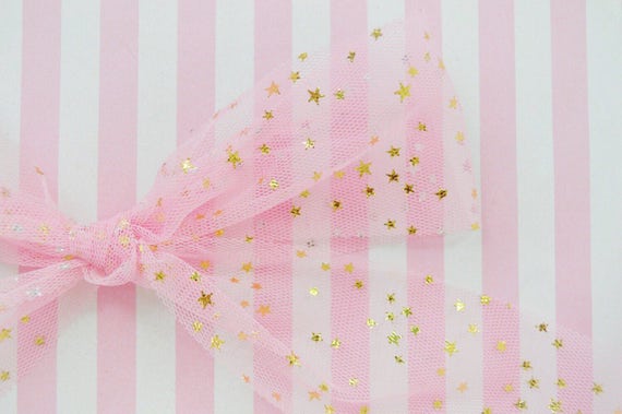 55mm Wide Kawaii Pastel Pink Gold Star Tulle Ribbon 5 Yards 