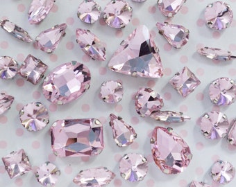 Mix Shape Pastel Pink Emerald Heart Teardrop Diamond Sew On Flatback Glass Rhinestone Cabochons Ab Jelly Iridescent Gem -  set of 25