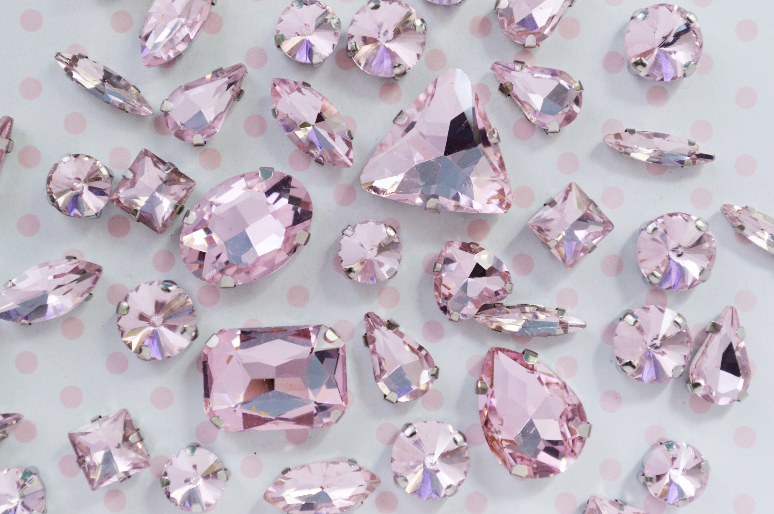 qiipii 2250Pcs Pink Nail Rhinestones 120 Multi Shapes Flatback Rhinestones Big Gems +2130 Light Pink Round Beads K9 Glass Stones Diamonds Jewels
