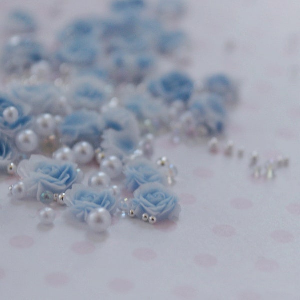 6mm-9mm Tiny Mix Pastel Blue Rose Flower Pearl and Silver Resin Nail Charm Hime Kawaii Decoden Cabochon - 1 set