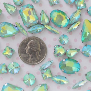 Mix Shape Pastel Mint Blue Opalescent AB Emerald Heart Teardrop Diamond Sew On Glass Rhinestone Cabochons Jelly Iridescent Gem set of 25 image 5