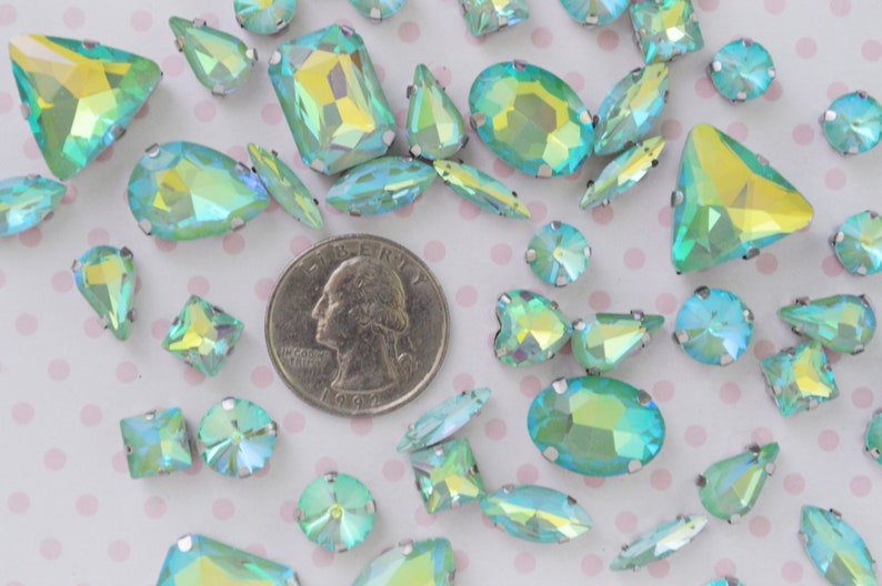 Mix Shape Pastel Mint Blue Opalescent AB Emerald Heart Teardrop Diamond Sew On Glass Rhinestone Cabochons Jelly Iridescent Gem set of 25 image 5