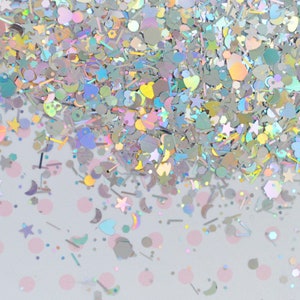 Kawaii Mixed Size and Shape Holographic Silver Iridescent Heart Star Moon Confetti Glitter Resin Supplies Nail Art Decoden Slime- 5 grams