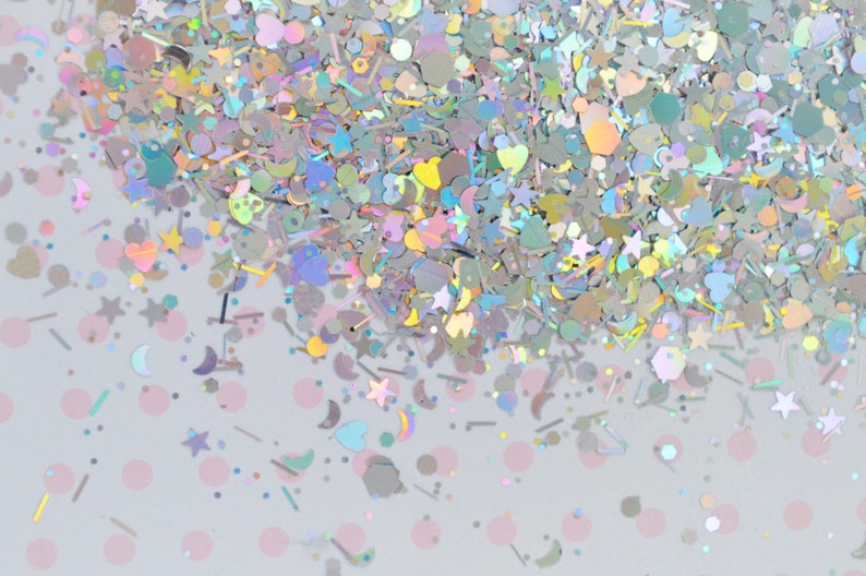 Kawaii Mixed Size and Shape Holographic Silver Iridescent Heart Star Moon Confetti Glitter Resin Supplies Nail Art Decoden Slime- 5 grams