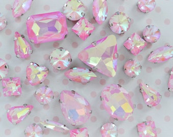 Mix Shape Pink Opalescent Emerald Heart Teardrop Diamond Sew On Flatback Glass Rhinestone Cabochons Ab Jelly Iridescent Gem -  set of 25