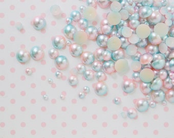 3mm-8mm Mix Pastel Pink and Blue Ombre Hemisphere Pearls Flatback Resin Decoden Cabochon - set of 200