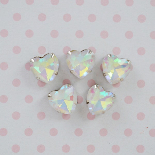 10mm White Opalescent Heart Shaped Sew On Flatback Glass Crystal Rhinestone Cabochons Ab Jelly Iridescent Gem -  set of 5