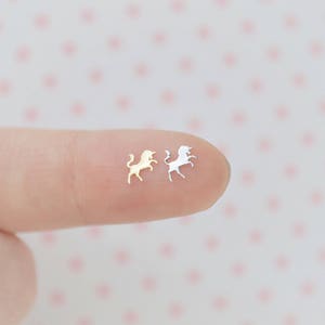 May include: Two small unicorn charms, one gold and one silver, are shown on a finger.