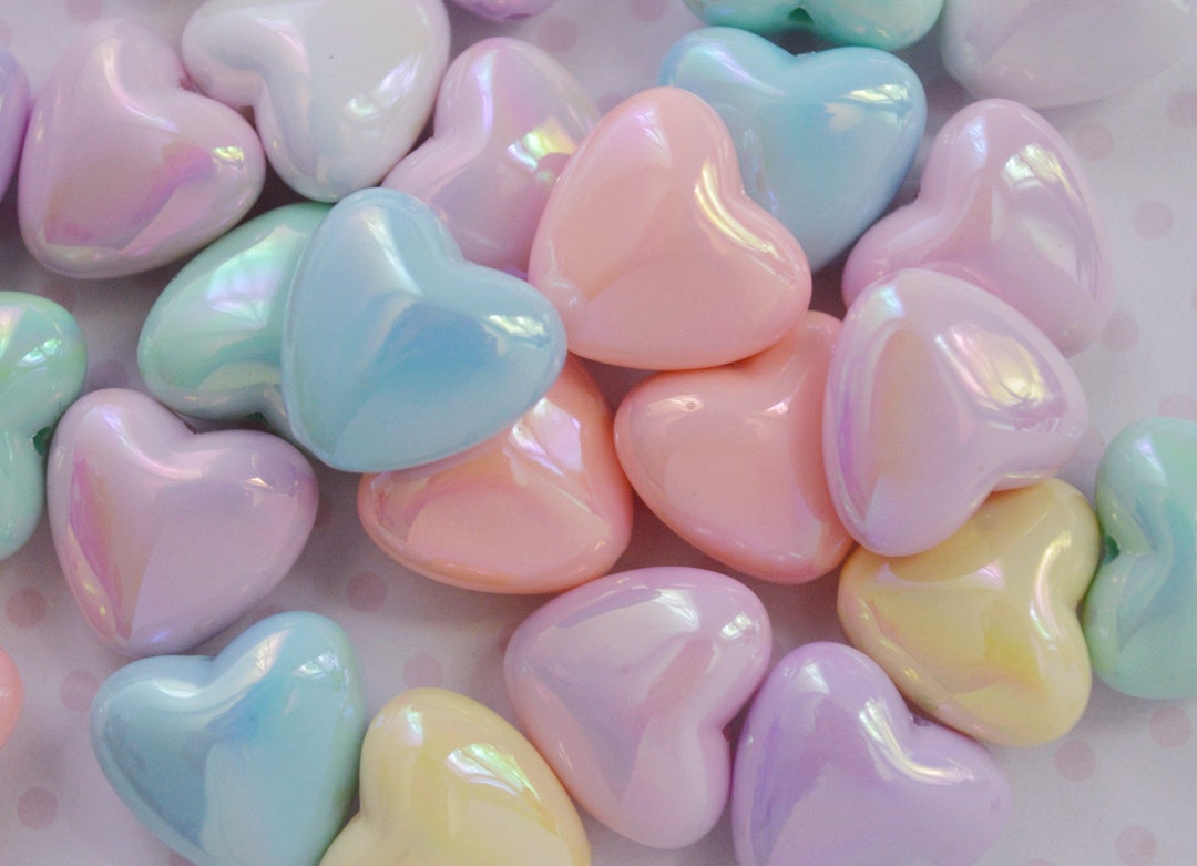18mm Kawaii Pastel Rainbow AB Heart Beads Vertical Drilled Decoden ...