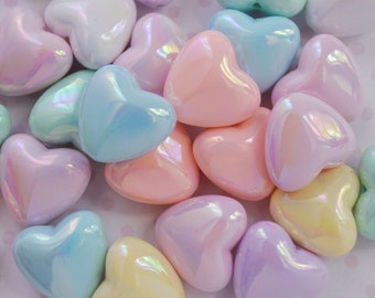 20mm Kawaii Pastel Rainbow AB Heart Beads Vertical Drilled Decoden Cabochons - set of 10