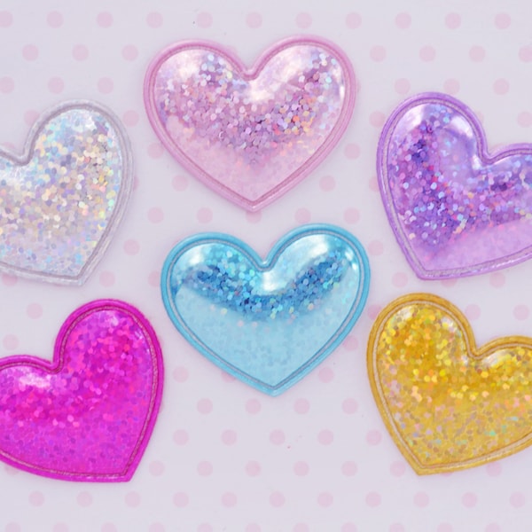 38mm Holographic Heart Pastel Rainbow Pink Purple Blue Kawaii Appliqué - set of 6