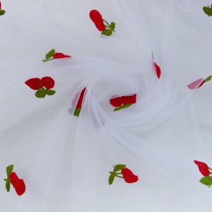 150cm Kawaii White Embroidered Red Cherry Print Sweet Lolita Hime Kawaii Pale Tulle Fabric - 1 piece
