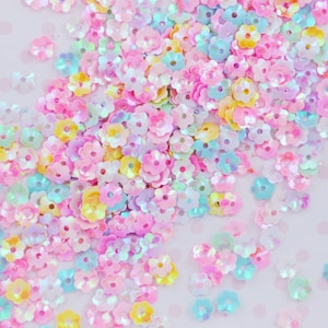 5mm Kawaii Pastel Rainbow Iridescent Flower Blossom Spring 3D Cupped Glitter Resin Supplies Decoden Slime - 10 grams