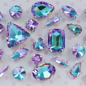 Mix Shape Pastel Blue Purple Emerald Heart Teardrop Diamond Sew On Flatback Glass Rhinestone Cabochons Ab Jelly Iridescent Gem -  set of 25
