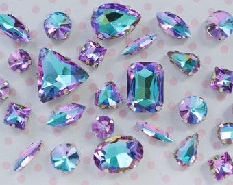 Mix Shape Pastel Blue Purple Emerald Heart Teardrop Diamond Sew On Flatback Glass Rhinestone Cabochons Ab Jelly Iridescent Gem -  set of 25