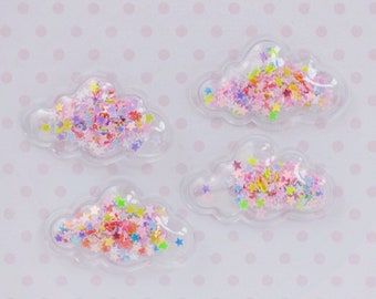 39mm Rainbow Cloud Iridescent Pastel Star Glitter Clear Vinyl Cloud Kawaii Appliqué - set of 4