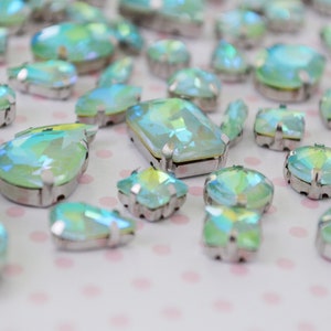 Mix Shape Pastel Mint Blue Opalescent AB Emerald Heart Teardrop Diamond Sew On Glass Rhinestone Cabochons Jelly Iridescent Gem set of 25 image 4