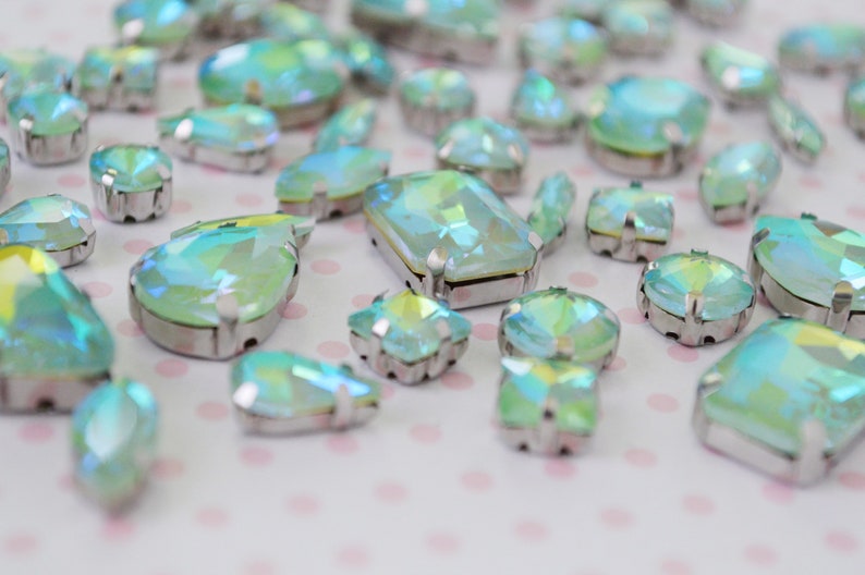 Mix Shape Pastel Mint Blue Opalescent AB Emerald Heart Teardrop Diamond Sew On Glass Rhinestone Cabochons Jelly Iridescent Gem set of 25 image 4