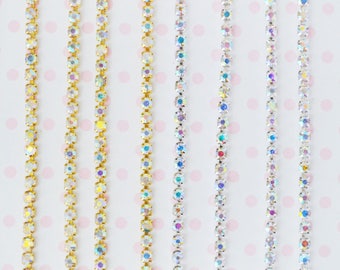 3mm Kawaii AB Iridescent Rhinestone Gold or Silver Chain Sew On Jewelry Findings Decoden Supplies - 1 yard