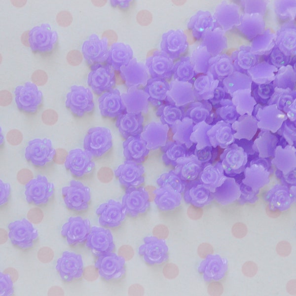 5mm Bright Purple Kawaii Rose Flower Flatback Resin Decoden Cabochon - 50 piece set