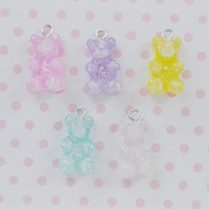 16mm Pastel Iridescent Glitter Yume Kawaii Gummy Bear Silver Hook Candy Charms - set of 5