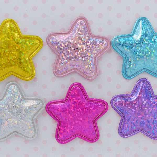 40mm Holographic Star Pastel Rainbow Pink Purple Blue Kawaii Appliqué - set of 6