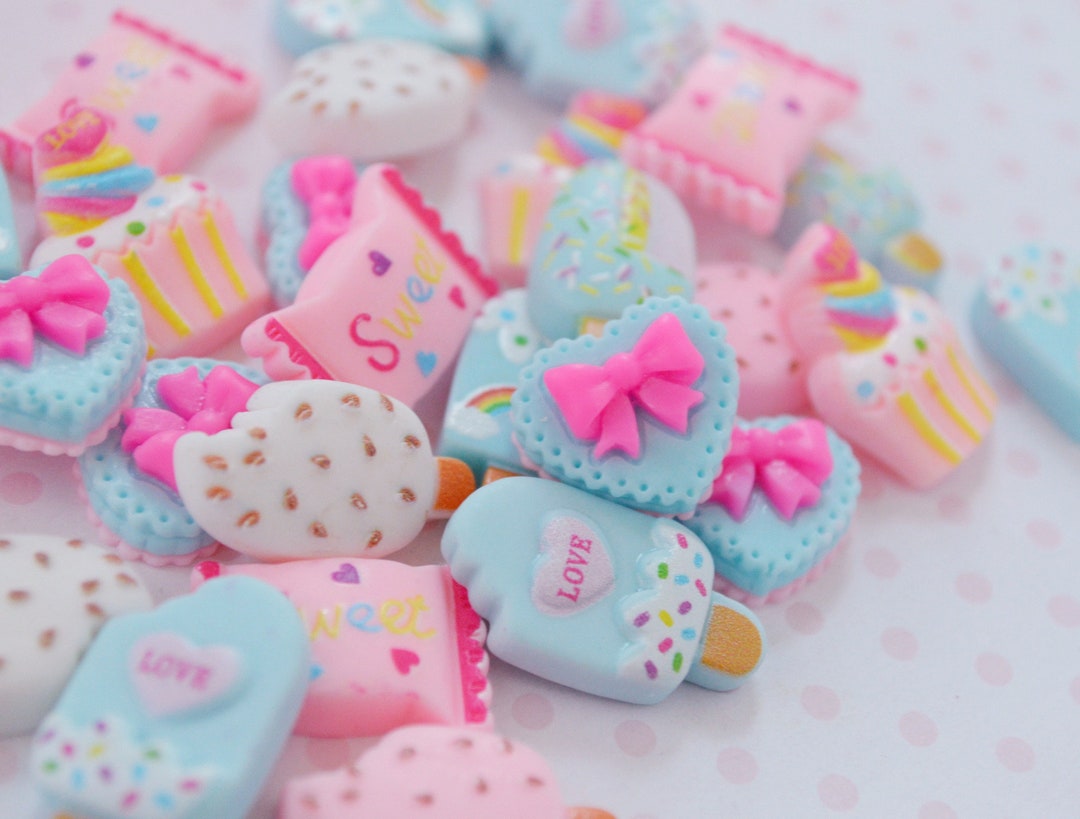 20mm25mm Kawaii Pastel Candy Pink and Blue Flatback Cabochons Heart Popsicle Ice Cream Food